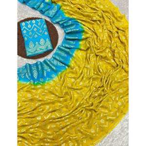 ATRACTIVA VISCOSA GEORGETTE ZARI JACQUARD BORDER WORK SAREE CON BLUSA DESCOSADA AMARILLO - Product Image 1