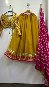<b>Women</b> Traditional Indian Pakistani Silk <b>Lehenga</b> Choli Set Floor-Length Wedding Wear Purple Yellow Embroidered Design Regular Fit - Product Image 2