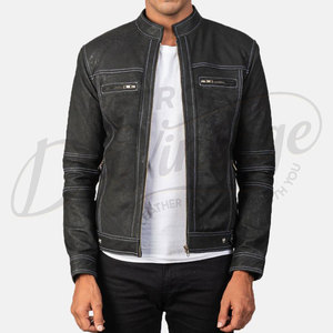 Blouson de motard en cuir noir premium pour homme, en véritable peau de mouton, coupe ajustée, surpiqûres contrastées, col montant, style motard - Product Image 5