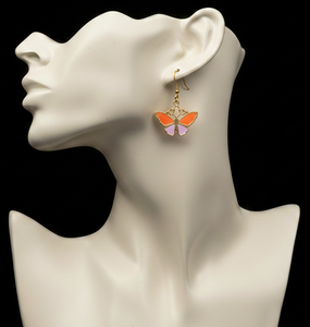 Pendientes Colgantes de Mariposa de Latón Hechos a Mano, Esmalte Naranja/Lila/Morado, Estilo Romántico Artesanal para Mujer, Ideales para Fiestas - Product Image 2