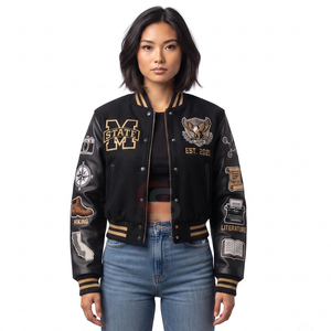 Baseball <b>high</b> quality <b>top</b> Custom Design Logo Varsity Jackets Baseball Jackets <b>Leather</b> Sleeve Women's Jackets Lady Crop Jackets - Product Image 3