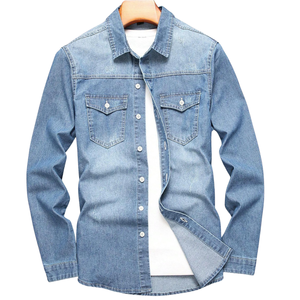 Chemise en jean décontractée pour homme à manches longues, en coton, délavée aux enzymes, coupe classique, avec poches à rabat sur la poitrine, anti-rétrécissement, séchage rapide - Product Image 1