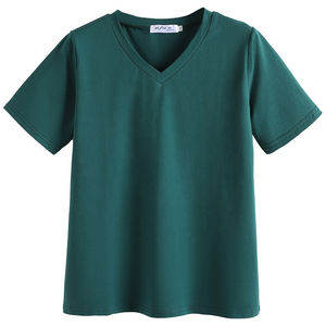 Camiseta de mujer con cuello en V, manga corta, dobladillo curvo, talla grande, color liso, estilo casual, a la moda, ideal para mujer V-1540 - Product Image 3