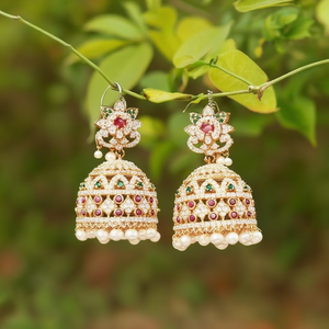 Big American Diamond Gold Plated Pearl Jhumka Hoop Earrings - Product Image 3