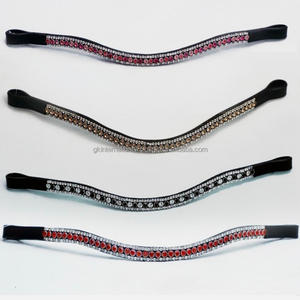 Bandeau de tête pour cheval en cuir anglais noir, personnalisé, orné de strass brillants, en forme de vague à 3 rangées, pour bride - Product Image 1