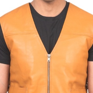 <b>Men</b>’s Orange Leather Biker Vest Front Zipper Classic Motorcycle Sleeveless <b>Jacket</b> Minimalist Style Genuine Leather Riding Vest - Product Image 3