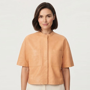 Camisa de Cuero Genuino sin Botones para Mujer, Blusa de Cuero Minimalista de Manga Corta, Camisas de Cuero de Manga Corta Suaves y Casuales a la Moda - Product Image 1