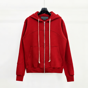 <b>Red</b> Zip-Up Hooded Sweatshirt Men Cotton French Terry Casual <b>Hoodie</b> Autumn Regular Fit Solid Color <b>Zipper</b> Front Pocket - Product Image 3