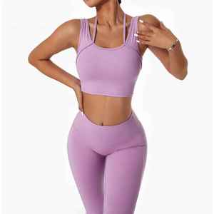 High Manufacture Comfortable Women Yoga Set With Solid Color / Custom Logo Private Label 100% Cotton Women Gym Fitness Sets - Product Image 2
