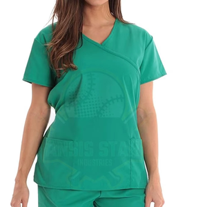 Ensemble de blouses médicales pour femmes de qualité supérieure, col en V, manches courtes, vert, uniformes d'hôpital, pantalon en coton et polyester, tissu personnalisé, faible MOQ - Product Image 3