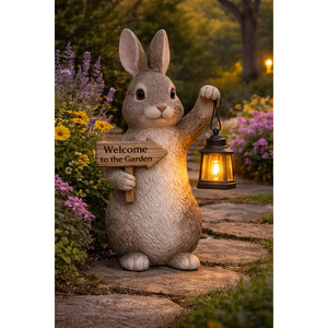 Solar IP65 Rated Polyresin & Plastic Warm White Welcome Bunny Garden Statue with LED Lantern and <b>Battery</b> <b>Backup</b> - Product Image 4
