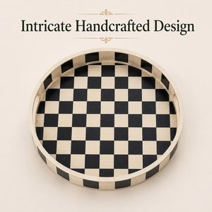 Plateau de service rond en MDF avec incrustation en résine, motif damier et design marocain, plateau décoratif pour la maison, la villa et l'hôpital - Product Image 4