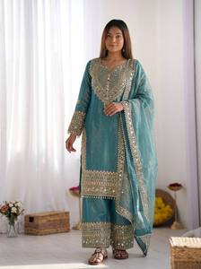 2024 Pakistani Fashioned Heavy Embroidery Chinon Silk <b>Naira</b> <b>Cut</b> Kurti 3-Piece <b>Dress</b> Collection with Plazzo Salwar for Women - Product Image 2