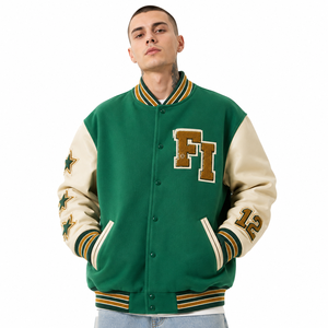 Veste de sport pour homme verte avec logo brodé et numéros, manches en cuir patchwork, col rabattu, style décontracté - Product Image 5