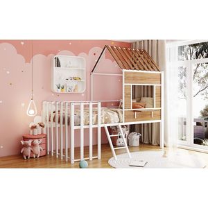 Letto a soppalco in metallo bianco per bambini, con finestra sul tetto, ringhiera di protezione e scaletta - Product Image 3