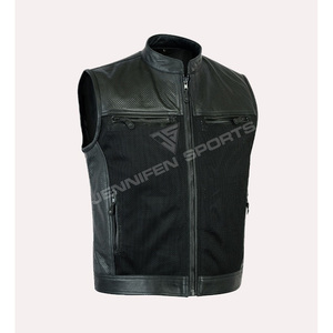Men Genuine Perforated <b>Leather</b>&Mesh Fabric Vest Premium <b>Sleeveless</b> Biker <b>Jacket</b> For Motorcycle Riding Vintage Fashion - Product Image 1