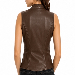 Chaleco de cuero para mujer, estilo sin mangas, con cremallera frontal, prácticos bolsillos laterales, diseño frontal limpio y bolsillos laterales con cremallera. - Product Image 2