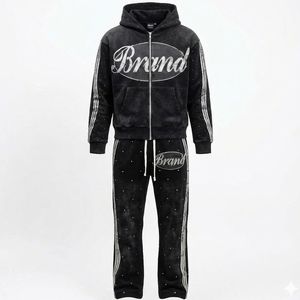 Ensemble de survêtement pour homme avec strass, sweat à capuche zippé et pantalon de jogging, tenue décontractée deux pièces style streetwear - Product Image 2