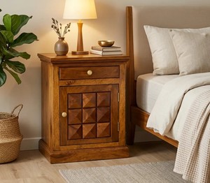 Wholesale carved solid wood <b>bedside</b> <b>table</b> 1 drawer nightstand open shelf honey finish Pindel Handicraft Jodhpur India - Product Image 2