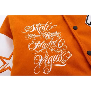 Men's Orange Varsity <b>Jacket</b> With Embroidered Letter K And <b>Stars</b> Turn-down Collar Regular Fit Autumn Wear - Product Image 4