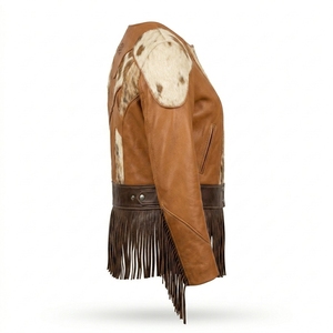 <b>Collarless</b> Cowhide Hair On Hide <b>Womens</b> Fringe Leather <b>Jacket</b> Western Style Tan Brown Panel Cropped Peplum Riding Coat - Product Image 3
