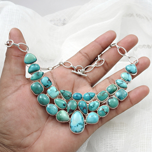 Collar de Plata de Ley 925 con Turquesa, Estilo Boho Hecho a Mano, con Engaste de Bisel y Cadena de Eslabones en Forma de Gota de Agua, Joyería para Mujer - Product Image 4