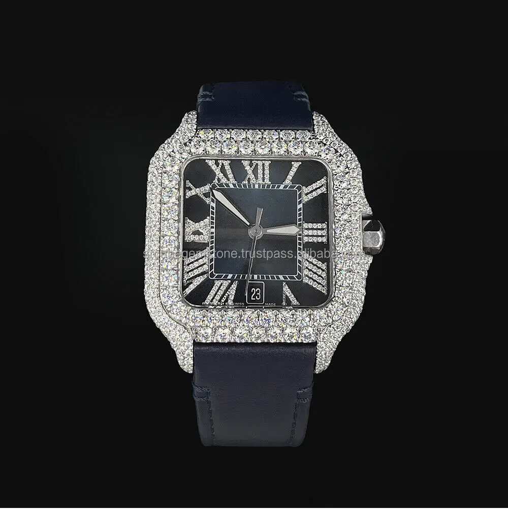カスタムデザインブルーレザーベルトアイスバスダウンスクエアダイヤルVvsクラリティホワイトモアッサナイトダイヤモンドメンズ腕時計工場価格