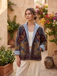 Veste en coton respirant brodée pour femmes, style Suzani floral, ouverte sur le devant, manches longues, style bohème ethnique - Product Image 2