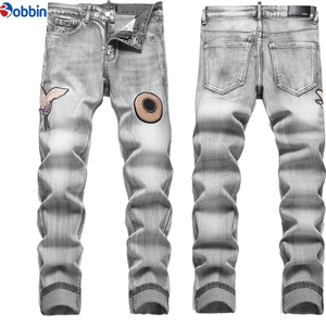 Pantalones Vaqueros de Hombre con Bordado Azul, Tendencia en Ventas, de Alta Calidad, Ajustados, Elásticos, Casuales, de Cintura Media y Pierna Recta - Product Image 3