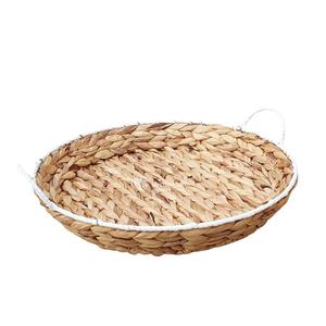 Trending Round Serving Water Hyacinth <b>Tray</b> with White Edge Decor <b>Basket</b> with Handles Wholesale Price - Product Image 1