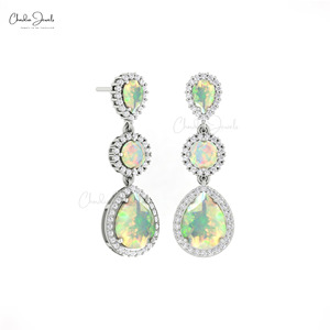 Three Stone Halo Drop <b>Earrings</b> 6.14 CT Pear Cut Ethiopian Opal Cocktail <b>Earrings</b> 14k Pure Gold Hallmarked <b>Earrings</b> Wholesale Lot - Product Image 2