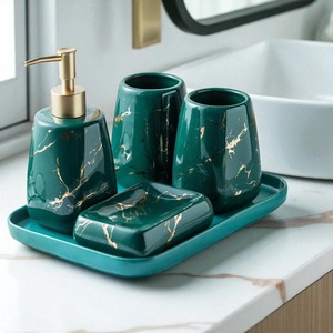 Luxury Ceramic Bathroom Set 4-Piece Green Marble Soap Dispenser <b>Toothbrush</b> <b>Holder</b> Tray Rectangle Easy To Clean - Product Image 4