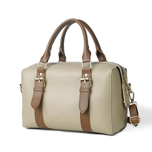 Sac Boston classique en cuir véritable, deux poignées, fermeture à glissière, durable, unisexe, usage quotidien, beige avec sangles marron - Product Image 4