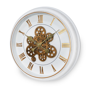 Moving gear wall <b>clock</b> 18 inch white vintage rustic frame with <b>silent</b> bronze metal Roman numerals for home décor - Product Image 1
