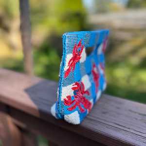 Blue Embroidered Canvas Handbag With <b>Red</b> Lobster Pattern Casual <b>Purse</b> For Beach Travel Summer Use - Product Image 6