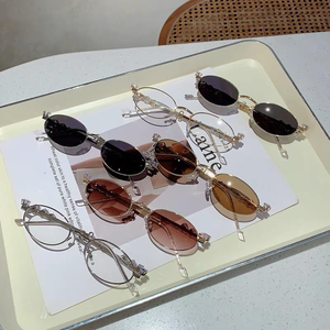Shades Diamond Oval <b>Sunglasses</b> Unisex Y2K Fashion High-end Rhinestone Metal Retro UV400 PC Lenses Champagne Gray - Product Image 2