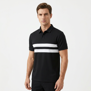 Polo à manches courtes noir pour homme avec blocs de couleur rayés blancs, design tricoté décontracté - Product Image 2