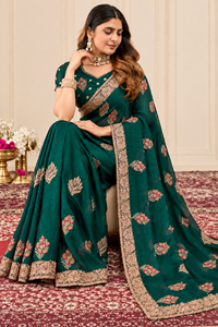 Vexotrend India Pakistan Premium <b>Velvet</b> Satin Traditional Customization <b>Saree</b> Women Embroidery Swarovski Jarkan Wrinkle-Free - Product Image 3