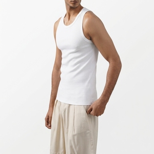 Men's <b>White</b> Ribbed Knit <b>Tank</b> <b>Top</b> O-Neck Solid Color Casual Wear 100% Cotton - Product Image 2