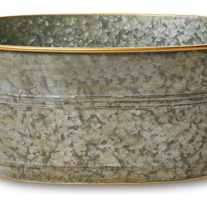 Antique Galvanized Zinc Oval Beverage Tub With Vintage Cast Handles Gold Rim Trim Rustic Garden Party For Wine Drinks - Product Image 3
