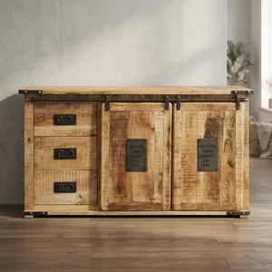 Buffet vintage en bois indien récupéré, meuble TV avec deux portes et trois tiroirs, rangement rustique en métal - Product Image 5