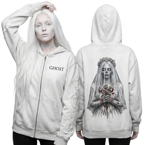 Ladies Full Zip Hoodie Custom <b>White</b> <b>Lace</b> Sleeve Sweatshirt Ghost Bride Skeleton Graphic Hoody Women Retro Grunge Tracksuit Top - Product Image 1