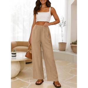 Women's <b>Linen</b> Cotton <b>Wide</b> <b>Leg</b> Pants High Waist Elastic Solid Color Loose Fit Full Length Casual Summer Style Flat Front <b>Trousers</b> - Product Image 1