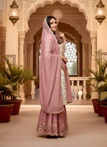 <b>White</b> Pink Floral Embroidered Salwar Kameez Set <b>Chiffon</b> Silk Palazzo Dupatta Wedding Party Women - Product Image 3