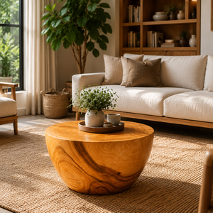 Table basse Horizon Bowl, finition miel, style moderne et organique, en bois de Suar massif de qualité supérieure, plateau épais, meubles de salon - Product Image 4