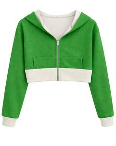 Sweat-shirt à capuche zippé court personnalisé pour femme, vert vif et polaire en coton, style color block, veste décontractée streetwear - Product Image 1