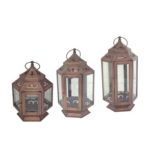 Ensemble de lanternes à bougies hexagonales en métal blanc vieilli à suspendre, avec ouvertures ovales, toit incliné, verre transparent et poignée en fil métallique, pour décoration de table - Product Image 5