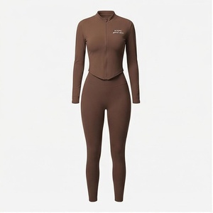 Ensemble de yoga North Approach avec fermeture éclair intégrale sur le devant, couleur marron uni, tissu respirant, vêtements de sport pour femmes - Product Image 1