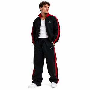 Ensemble de survêtement vintage en coton épais à rayures pour homme, avec veste athlétique à col montant et fermeture éclair intégrale, et pantalon de survêtement à jambes larges, personnalisable avec logo - Product Image 4