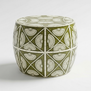 Table d'appoint ronde artisanale en os incrusté – Table d'appoint motif lotus ivoire, tabouret décoratif de luxe pour salon et chambre - Product Image 1